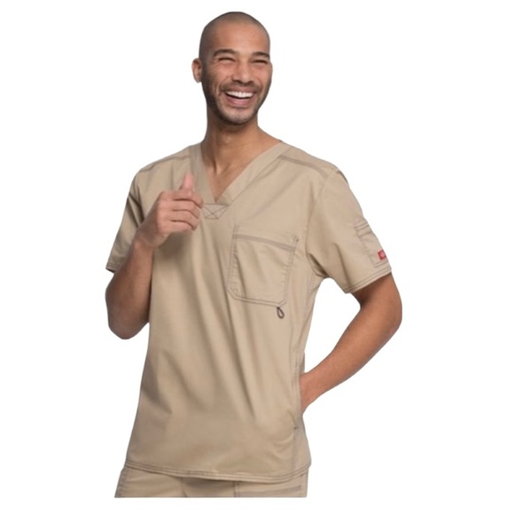 DICKIES Scrub Gen Flex Men's V-Neck Medical Top In Dark Khaki Size Large - Picture 1 of 12